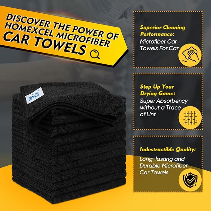 HOMEXCEL Black Microfiber Cleaning Cloth 12 Pack, 12.5 x 12.5 inch Microfiber Towels for Cars, Ultra Absorbent Car Washing Cloth, Lint Free Streak Free Cleaning Rags for Car, Kitchen, and Window