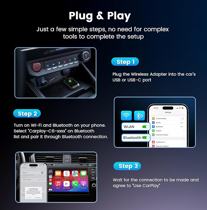 Wireless CarPlay Adapter: Wireless Conversion for iPhone – Plug-and-Play Connectivity with USB-A Extension & USB-C Connector, Zero Latency, Compatible with 2016+ Cars & iOS 10+