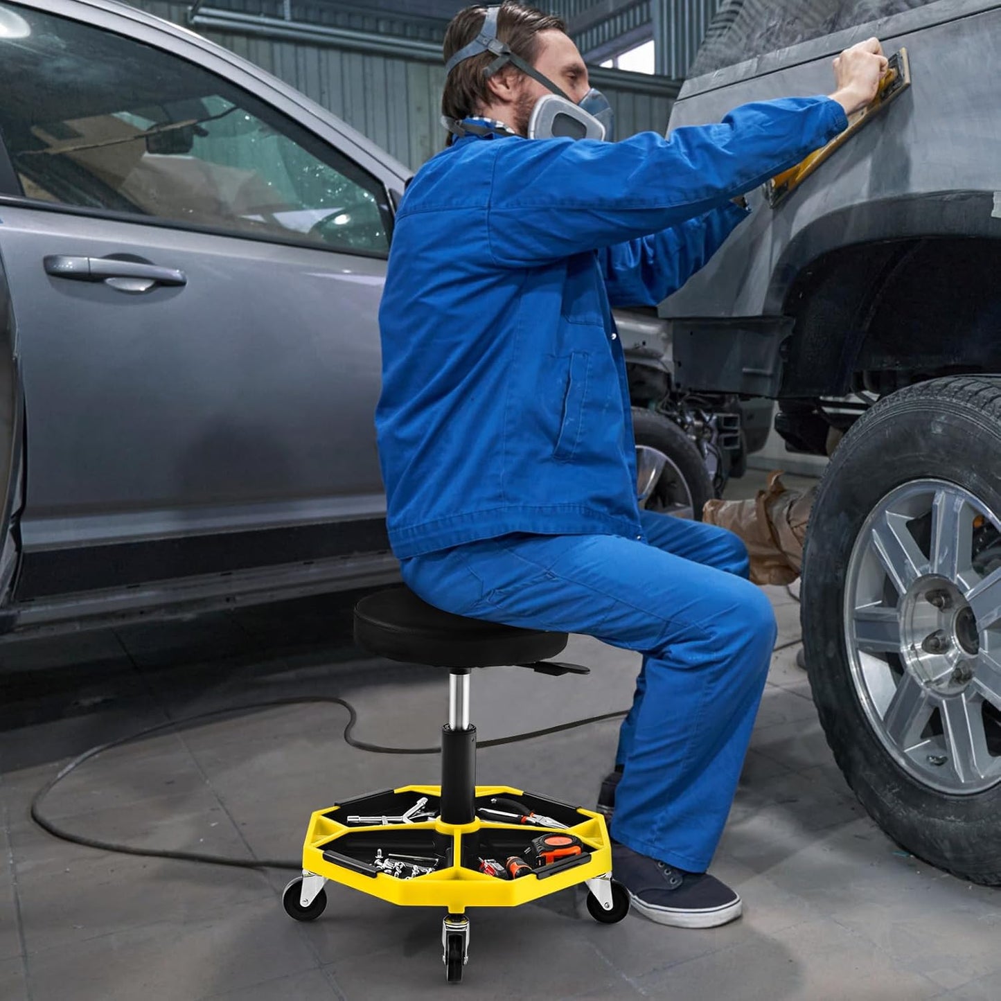 IRONMAX Rolling Mechanic Stool, Adjustable Shop Stool Creeper Seat with Removable Tool Tray, Padded Plush Cushion, Universal Wheels, Heavy Duty Metal Frame, 330 LBS Max Load (Yellow)