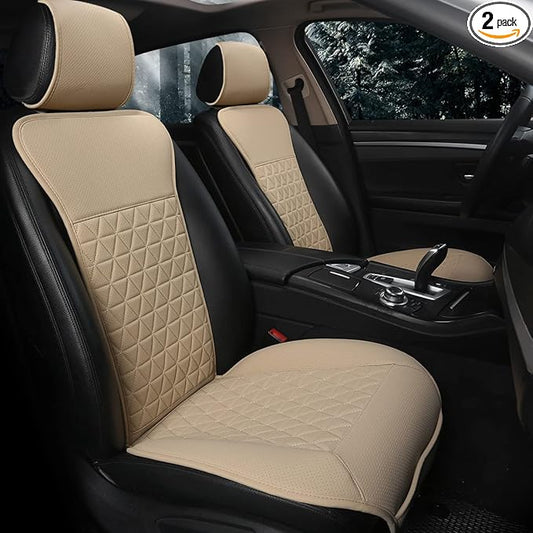 Black Panther 1 Pair Luxury PU Car Seat Covers Protectors for Front Seats, with Partial Backrest Coverage (Middle Part Only), Triangle Pattern, Compatible with 95% Cars - Beige