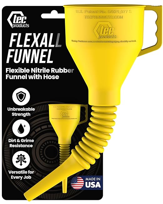 TEC Products FlexAll Long Flexible Funnel for Automotive Use - Durable Nitrile Rubber - Ideal for Car Oil Change, Transmission Funnel Fluid, Diesel, Fuel, Gas - Made in USA - Yellow (16 x 5 Inches)