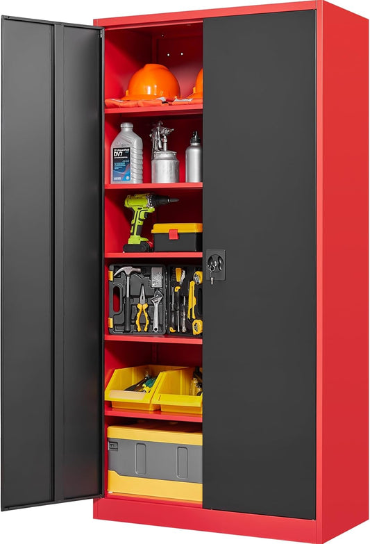 SISESOL Wide & Deep Metal Storage Cabinet with Lock & 5 Adjustable Shelves,72" Red Black Garage Storage Cabinet with Locking Doors,Lockable Cabinets for Home,Office,Shop,Garage,Basement 72x36x18
