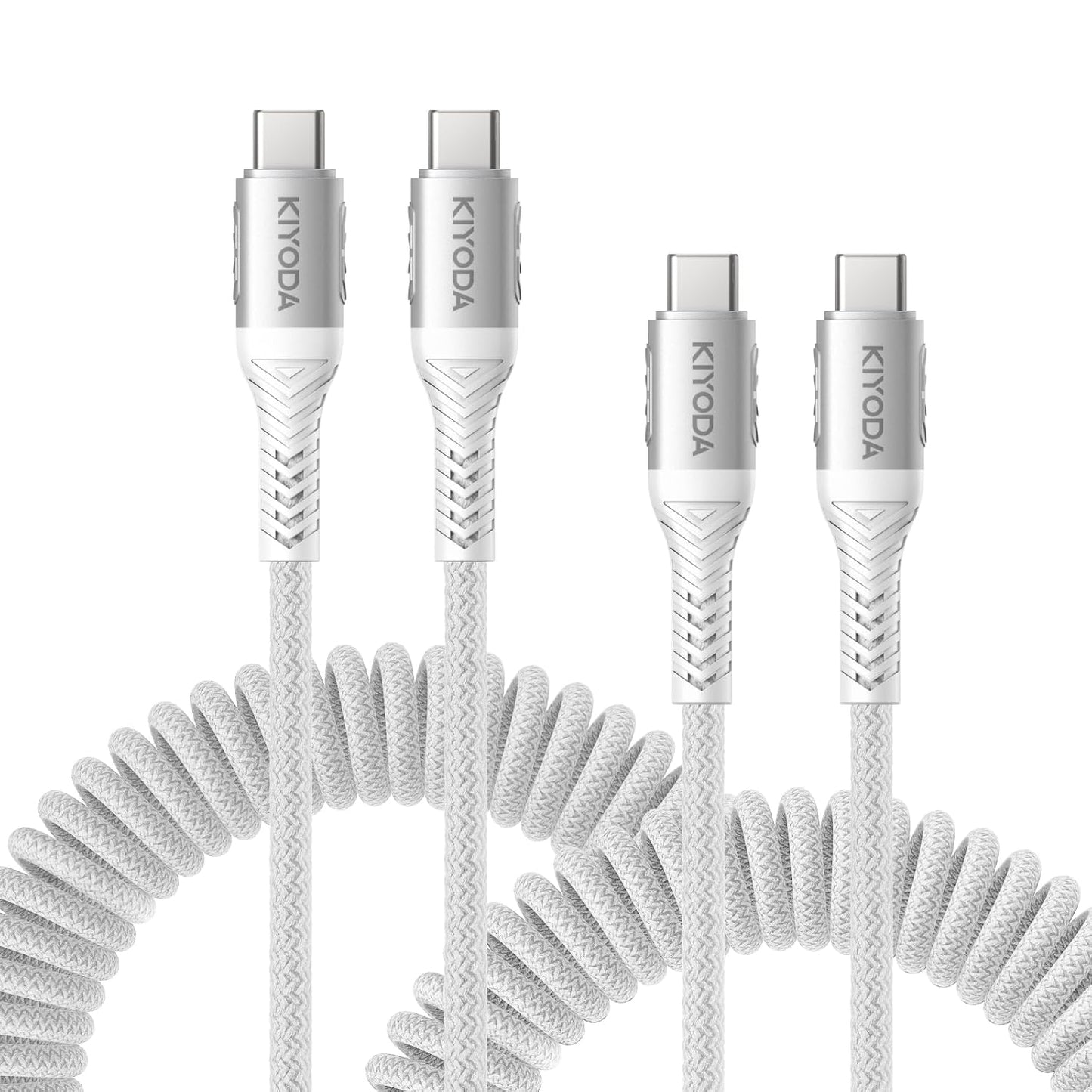 Coiled USB C to C Cable 3ft+6ft, Coiled USB C Cable for Car, Braided Type C Charger 66W Fast Charging Cord Compatible with iPhone 16 15, iPad, Samsung Galaxy, Google Pixel, Moto, LG, TCL Phones-Silver