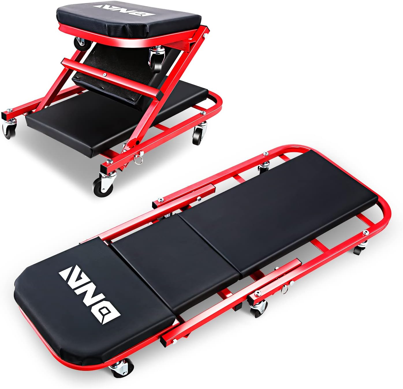 ‎DNA MOTORING TOOLS-00186 40 Inches 2 IN 1 Rolling Folding Car Creeper/Seat, 6 Pcs 2" Casters, 150kg Weight Capacity, Red