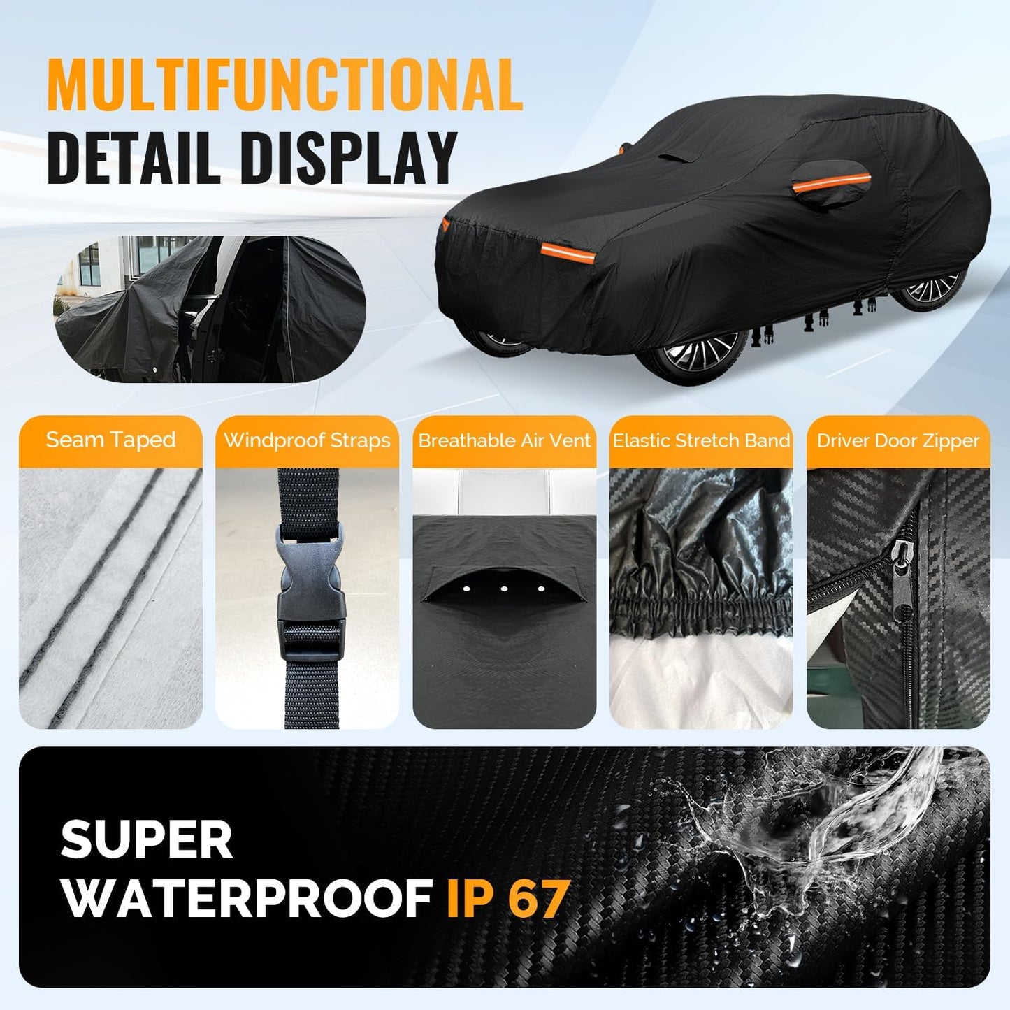 30 Layers SUV Car Cover for Automobiles All Weather Waterproof, Outdoor Snowproof UV Protection Windproof, Door Zipper, Soft Cotton, Heavy Duty Universal Car Covers, (Black, Fit SUV 191"-200")