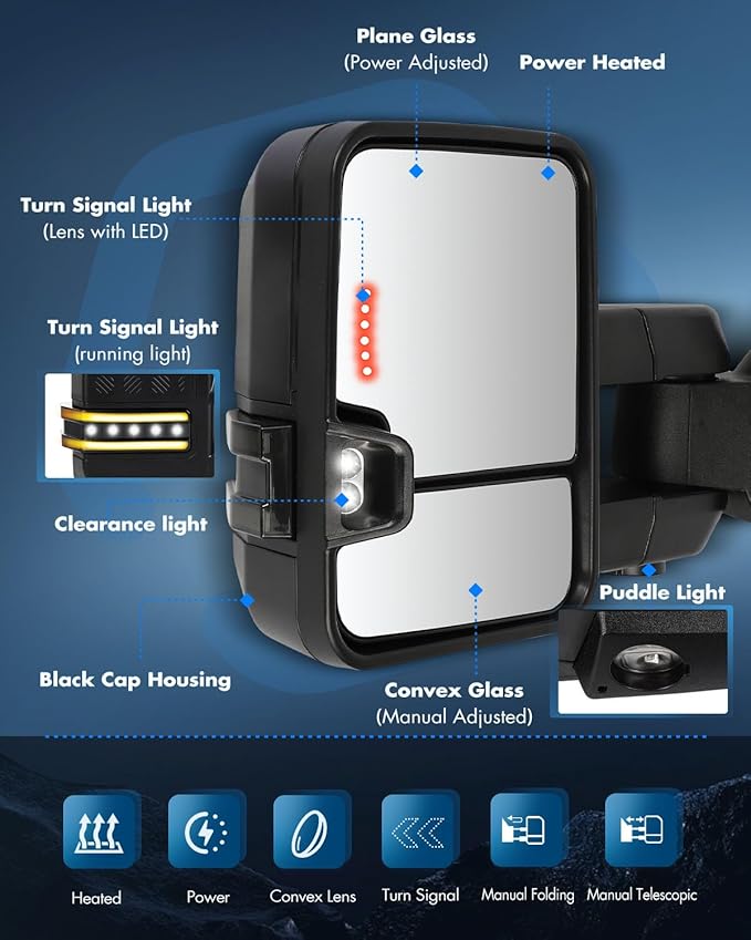 ECCPP Towing Mirrors Fit For 1988-1998 For Chevy For C/K Pickup For Suburban With Left Right Side With Power Heated Turn Signal Light Clearance light Arrow Turn Signal Back up lamp