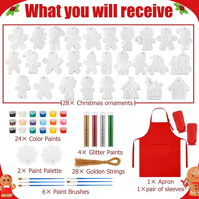 TecUnite 28 Pcs Ceramic to Paint Christmas Ornament Crafts Adults Unpainted DIY Ceramic Figurines Decorate and Paint Your Own Ornaments Kits DIY Craft Xmas Holiday Activities(Gingerbread Man)