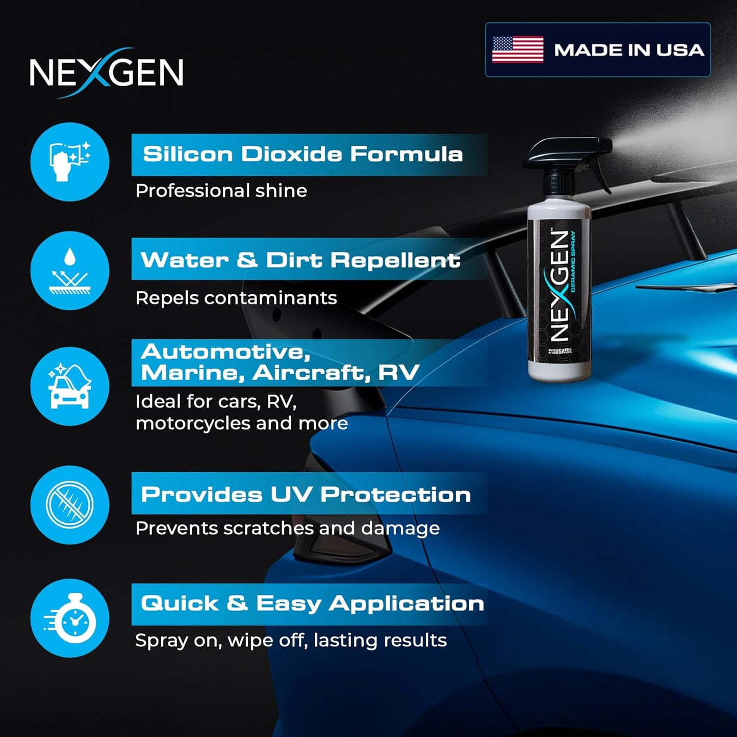 Nexgen Ceramic Spray Silicon Dioxide — Easy to Apply, Ceramic Coating Spray for Cars — Professional-Grade Protective Sealant Polish for Cars, RVs, Motorcycles, Boats, and ATVs — 16oz
