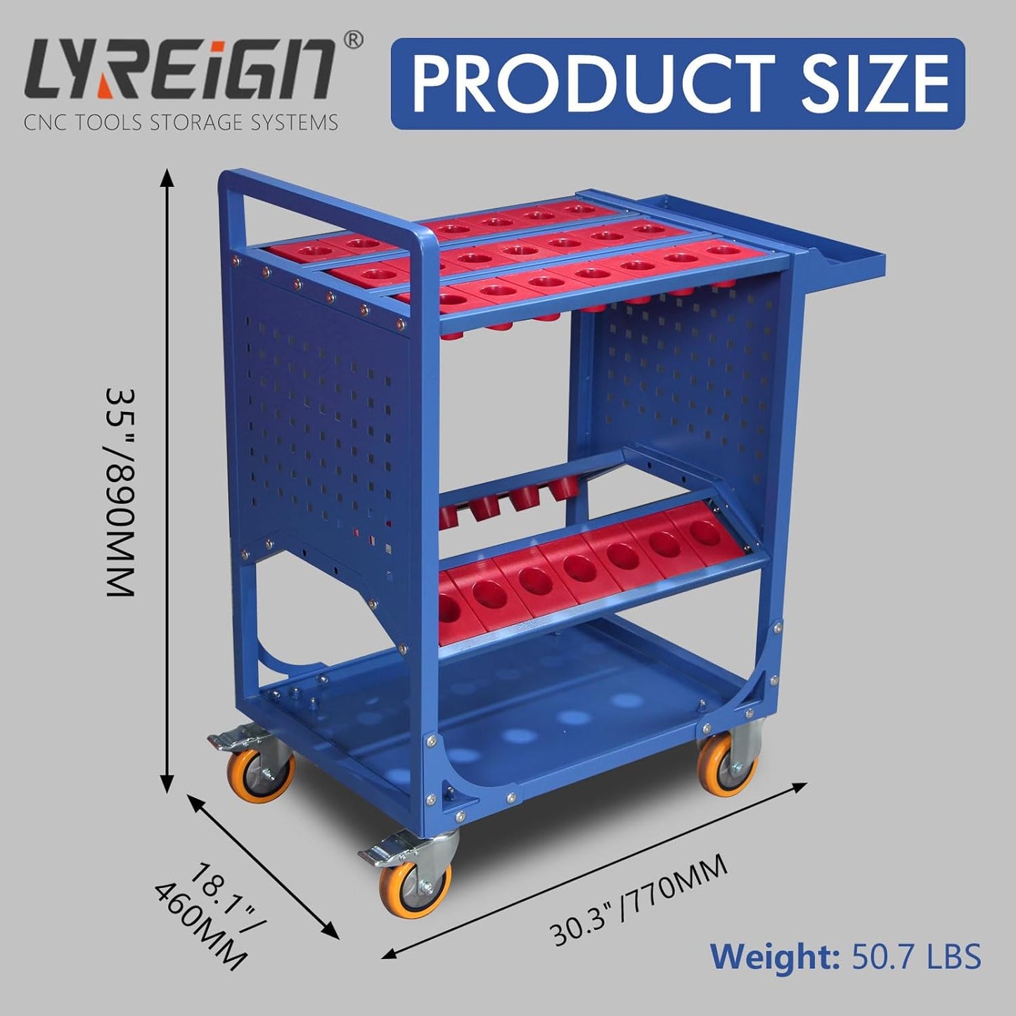 Blue Classic 50 Taper CNC Tool Holder Transfer Cart, 25 Capacity CAT/BT50 Service Carts with Wheels Heavy Duty, Multi-Function Workshop CNC Tool Trolley