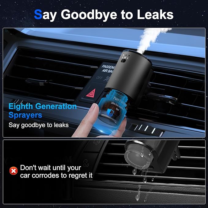 Car Air Freshener, Smart Car Air Freshener for Vent Clips, 1200 Sprays Per Charge, Car Fresheners with Auto On/Off, 5 Scents, 10 Refill Bottles (2Pack)