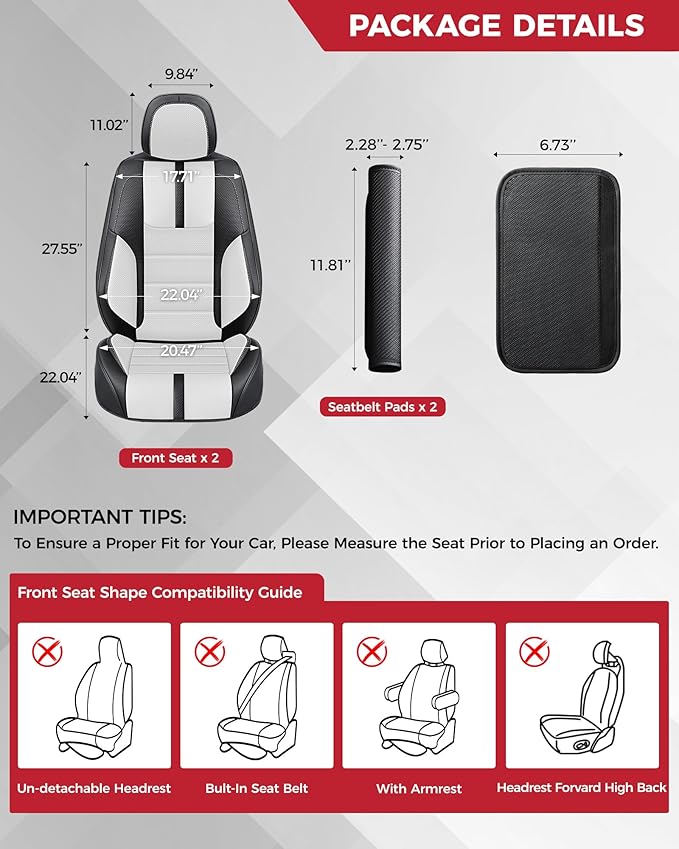 FREESOO Black White Front Car Seat Covers - Faux Nappa Leather Seat Covers for Cars, with Carbon Fiber Texture Seatbelt Pads, Cute Cushion Protectors Fit for Most Vehicles Sedans SUV Trucks Civic