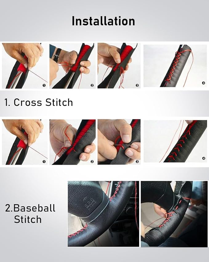 Belinous Leather Steering Wheel Cover Lace Up, Stitch On Wrap, Universal Fit 13-20 inch Car Truck SUV Pickup Boat, A Whole Piece of Cowhide, DIY Stitch w/Needle Thread (Size XXL6, Coffee)