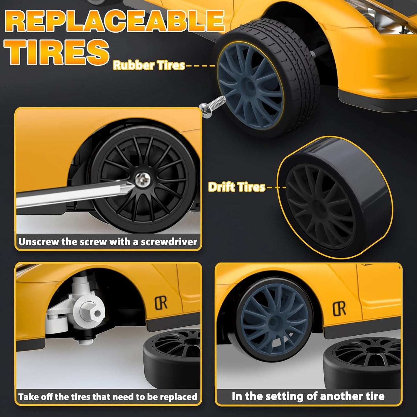 RC Drift Car 1/24 2.4GHz 4WD Remote Control Car, High Speed Drifting RC Cars with LED Lights, 2 Rechargeable Batteries and Drift Tires Racing Toy Cars for Kids (Yellow)