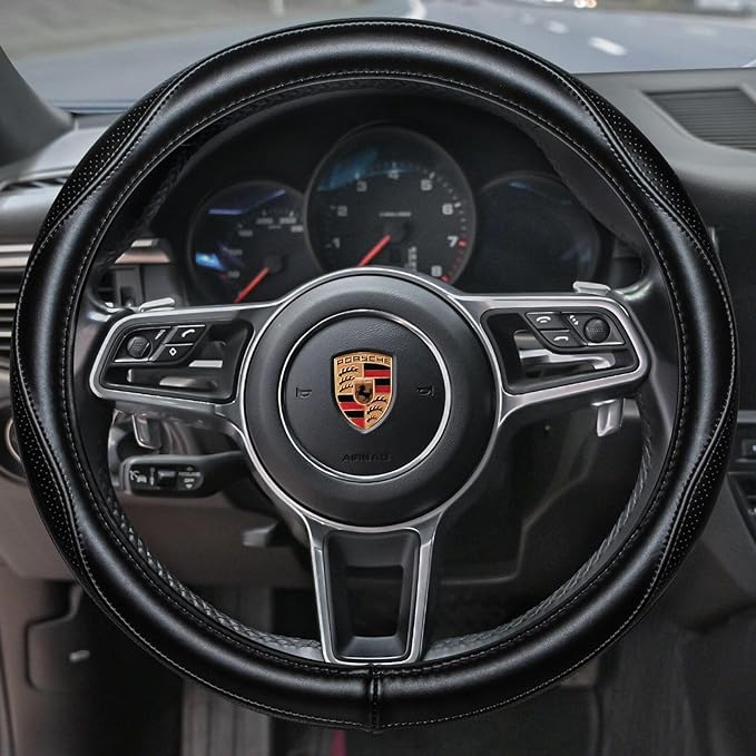 HAOKAY Top Grade Black Genuine Leather Steering Wheel Cover Men Women, Luxury Steering Wheel Cover for Cars, SUVS and Trucks，Universal 14.5-15 inch