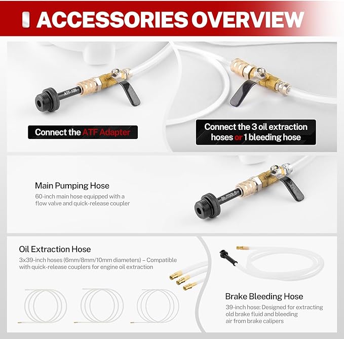 BILITOOLS Transmission Fluid Transfer Pump Air Operated, 8L (2.1 Gallons) Automatic Pneumatic Vacuum Oil Fluid Extractor Dispenser ATF Refill Kit with 15 ATF Adapters