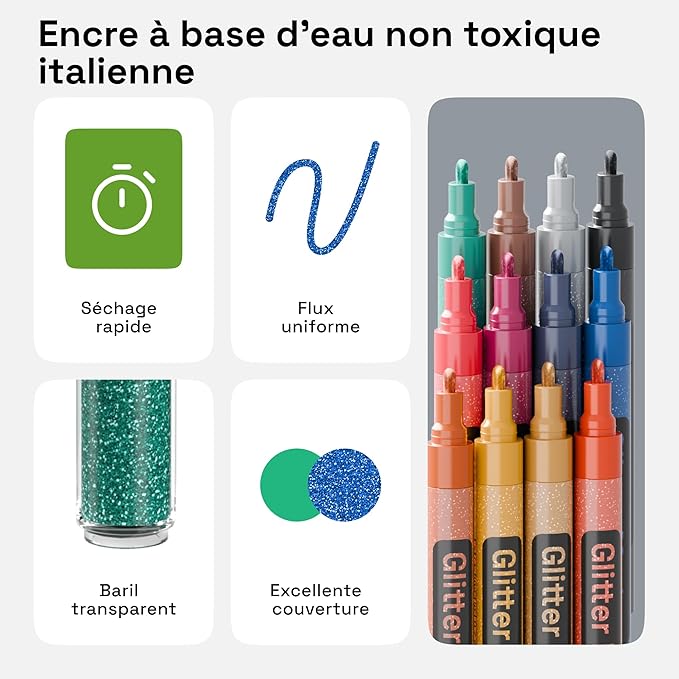 ARTISTRO 12 Glitter Paint Pens Sparkly and Shiny for Glass, Rock Painting, Ceramic, Wood, Fabric, Scrapbooking, DIY Craft Making, Coloring - Acrylic Paint Markers Medium Tip 3.0mm