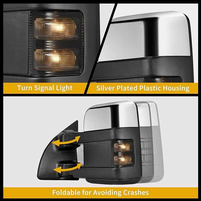 DWVO Towing Mirrors Compatible with 99-07 Ford F250 F350 F450 F550 Super Duty, LED Turn Signal Power Heated Telescoping Trailer Tow Mirror A Pair, Chrome