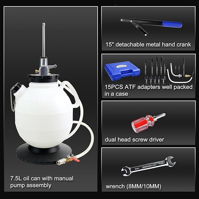 JIFETOR Transmission Fluid Refill Pump ATF Transfer Tool Kit, Manual Gearbox Oil Filler Set with 7.5L Oil Filling Can Dispenser 15PCS ATF Adapters Compatible with Ford Audi Mercedes Benz VW BMW