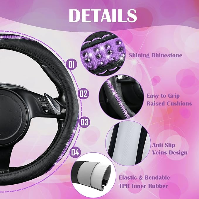 CAR PASS Bling Diamond Black Leather Steering Wheel Cover, Studded Crystal Rhinestones Universal Fit 14" 1/2-15" Glitter for Women Sparkle Girl Fit Suvs,Vans,Sedans,Car,Trucks, Purple Diamond