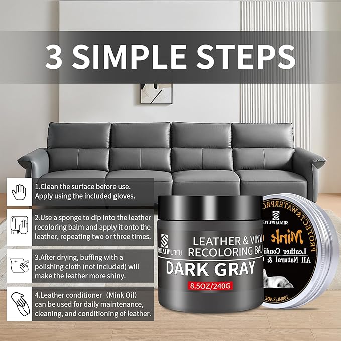 8.5oz Leather Recoloring Balm with 100ml Mink Oil,Dark Gray Leather Repair kit for Furniture and Car Interior,Leather Couch Scratch Repair,Leather Dye Paint,Mink Oil for Leather