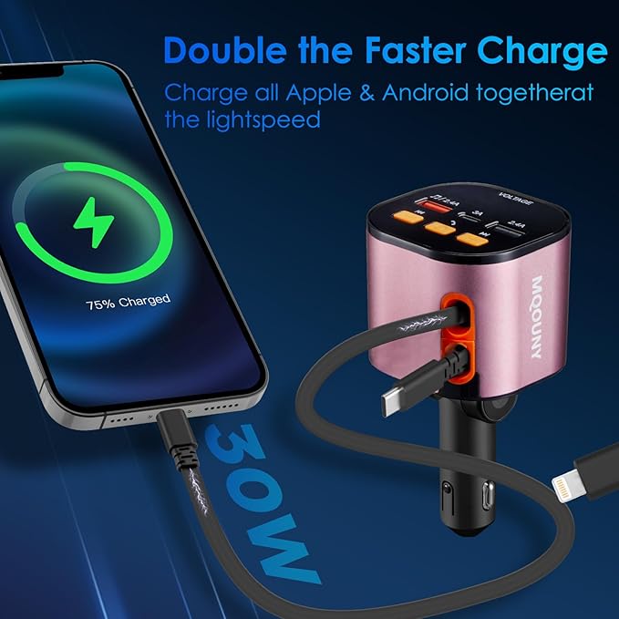 Retractable Car Charger,5 in 1 Fast Car Phone Charger 90W,Bluetooth 5.3 FM Transmitter Adapter,Handsfree Call,2 Retractable Cables and USB Cars Chargers for iPhone 17/16/15/14/13/Galaxy/Pixel