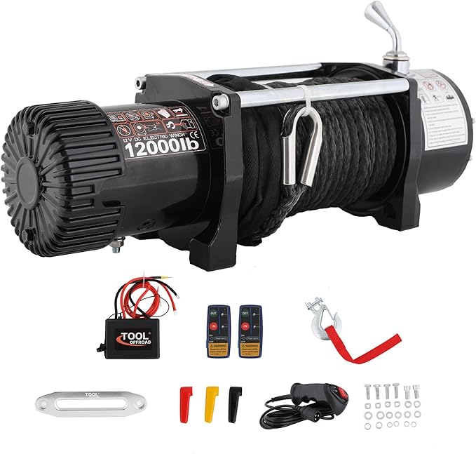 12000LBS Winch 12V Electric Winch Kit,Synthetic Rope Electric Winch for Jeep Truck SUV ATV UTV Off Road Trailer,with Wireless Remote for Trucks