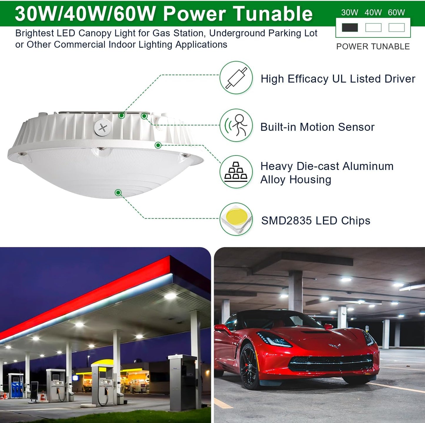 OSTEK LED Garage Light 30W/40W/60W LED Carport Canopy Lights 5000K 90-277V IP65 Commercial Residential Lights DLC & UL Listed