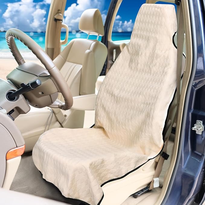 Waterproof Seat Cover Towel, 2PCS Premium Sweat Carseat Protector, Perfect for Universal Anti-Slip Car Truck SUV Seat, Great for Surfing Yoga Gym Workout, Beige (Jacquard)