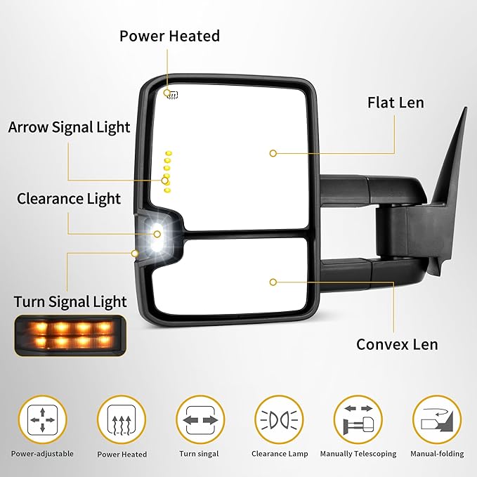 DWVO Towing Mirrors Compatible with 2001-2002 GMC Yukon XL, 1999-2002 Sierra Silverado 1500 2500, Heated Adjusted Power Glass Turn Signal Light Backup Lamp Telescoping Smoke