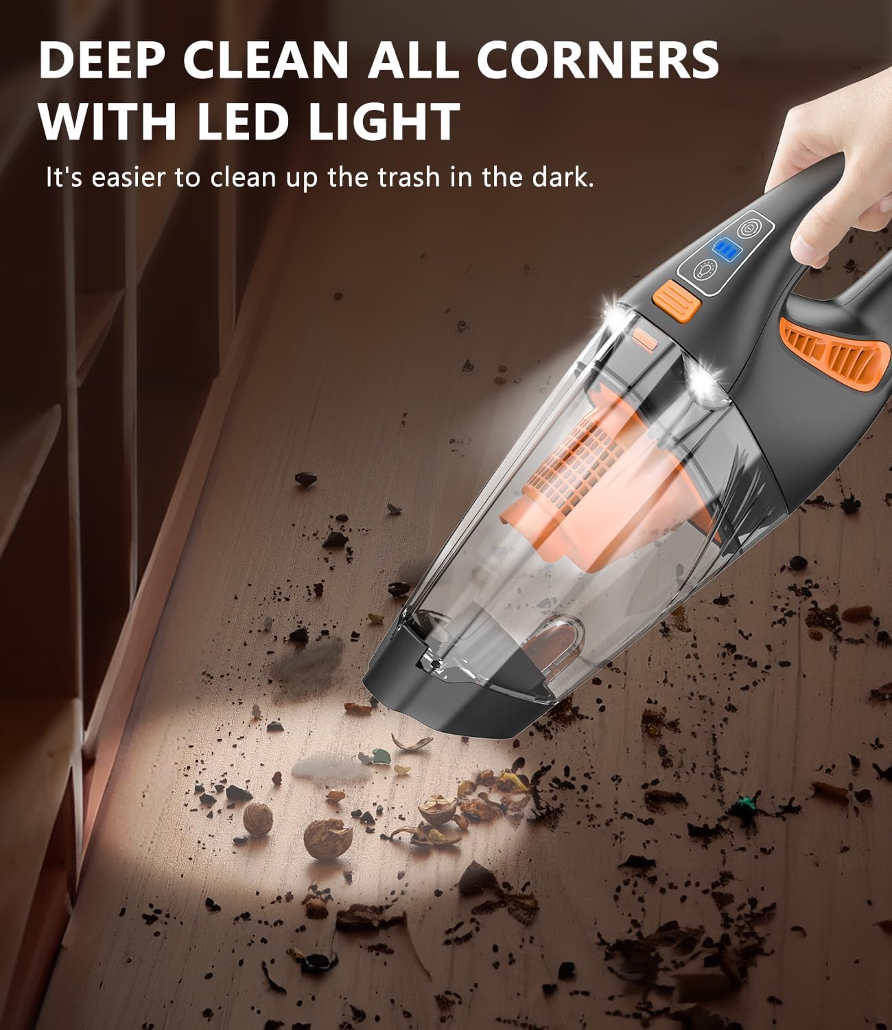 Handheld Vacuum Cordless, 18000Pa 160W Hand,30Min Car Vacuum Portable Cordless Rechargeable High Power Lightweight LED Light Fast Charge Vacuum Cleaner for Car Home