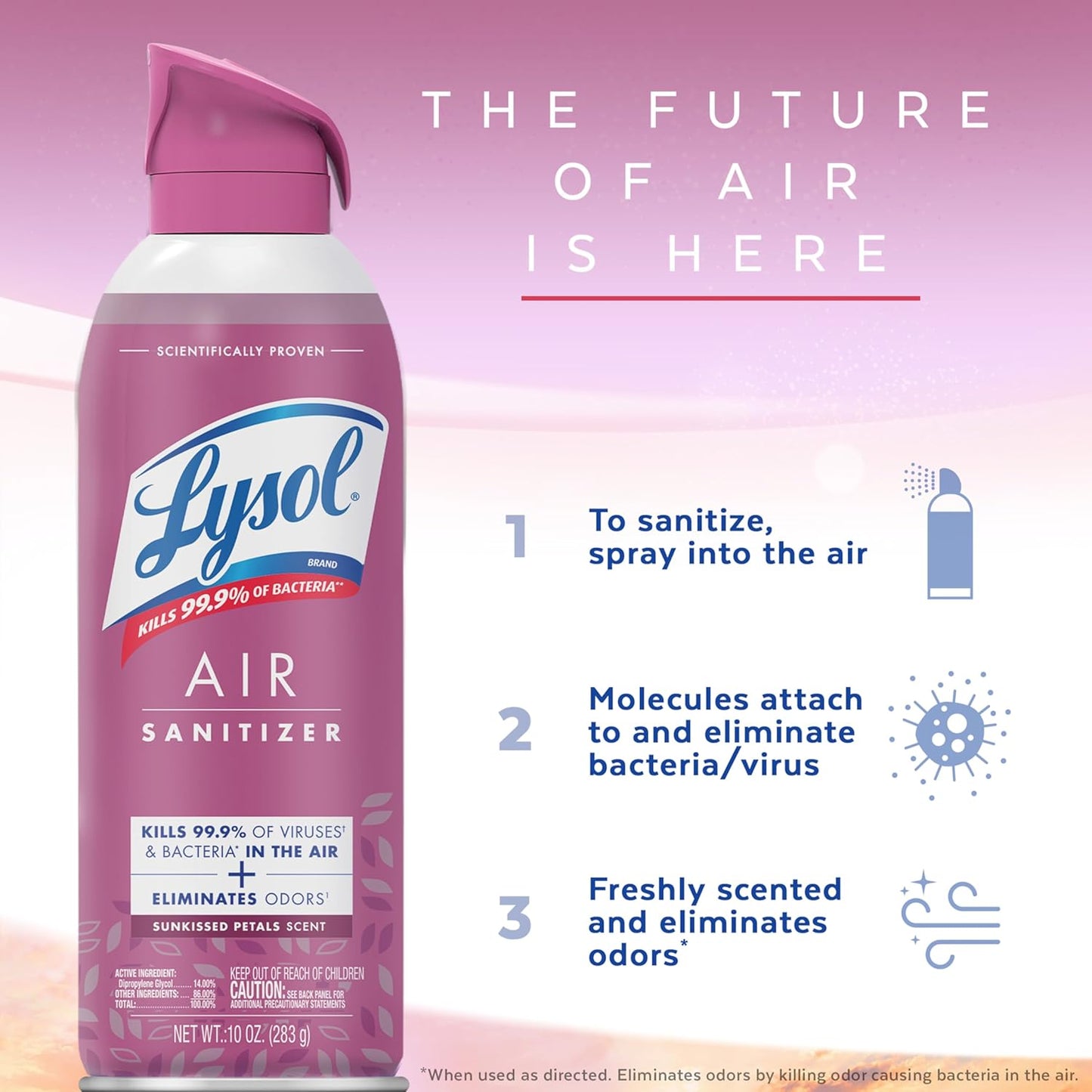 Lysol Air Sanitizer Spray with Odor Eliminator for Home & Office, Sanitizing Spray, Air Freshener Alternative, Sunkissed Petals Scent, 10 oz (Pack of 3)