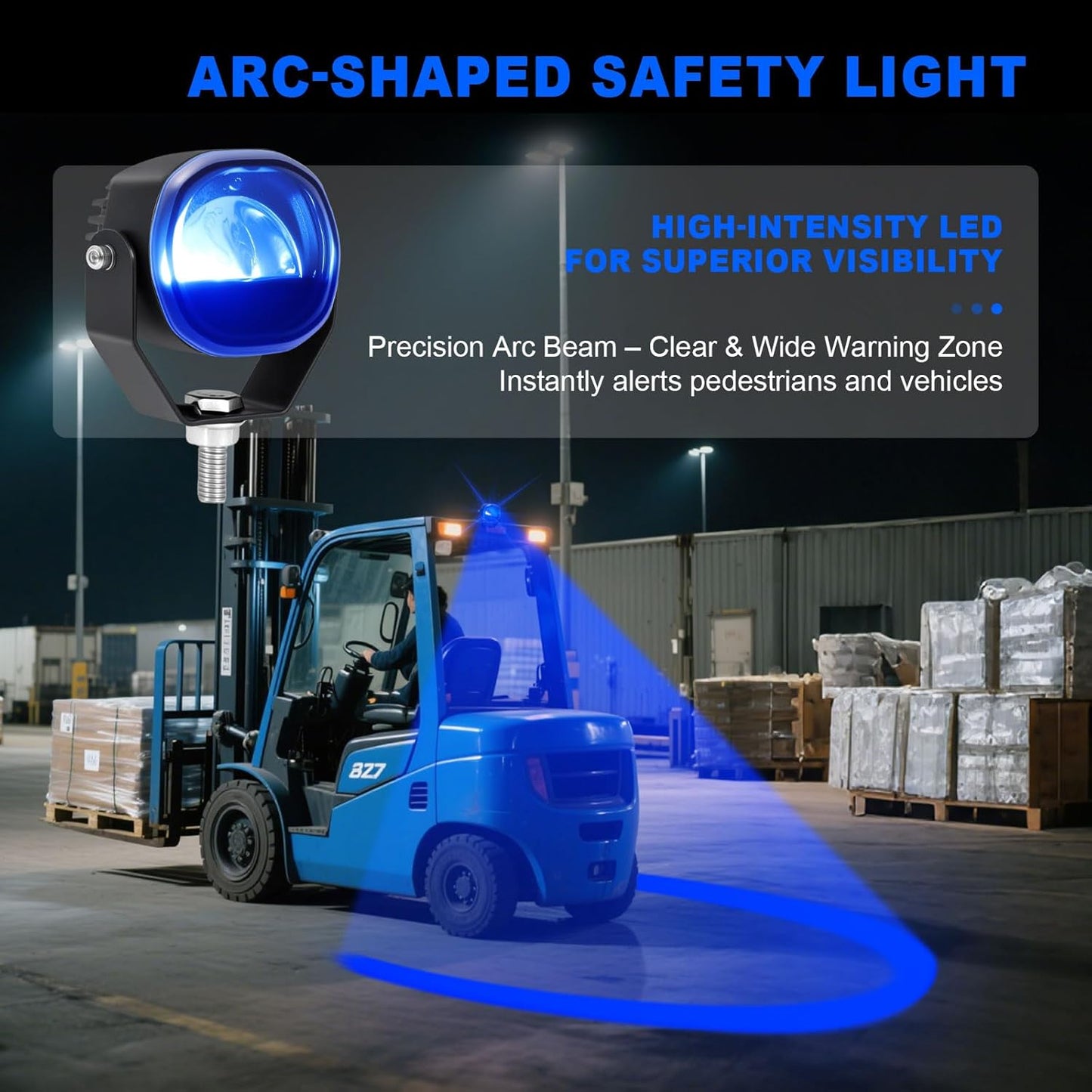 Forklift Arc Safety Light, LED Warning Lamp Blue Line Projection, Aluminum Housing, Stainless Steel Bracket, for Industrial Truck, Lift Truck, AGV, Warehouse, Logistics