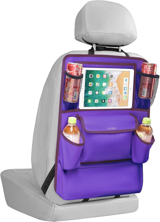 LUCMO Car Backseat Organizer with Touch Screen Tablet Holder,9 Storage Pockets Car Storage Organizer,Protectors Kick Mats Travel Accessories for Kids-Dark Purple