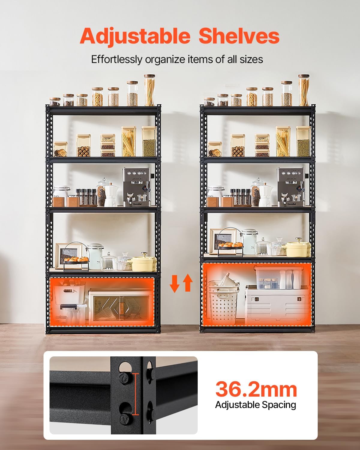 VEVOR Storage Shelves, 2000 lbs, 5 Tier Garage Storage Shelving, 16" D x 36" W x 71.4" H Adjustable Metal Shelves for Garage Shelves Utility Rack Shelf, Ideal for Kitchen, Warehouse, Basement, Black