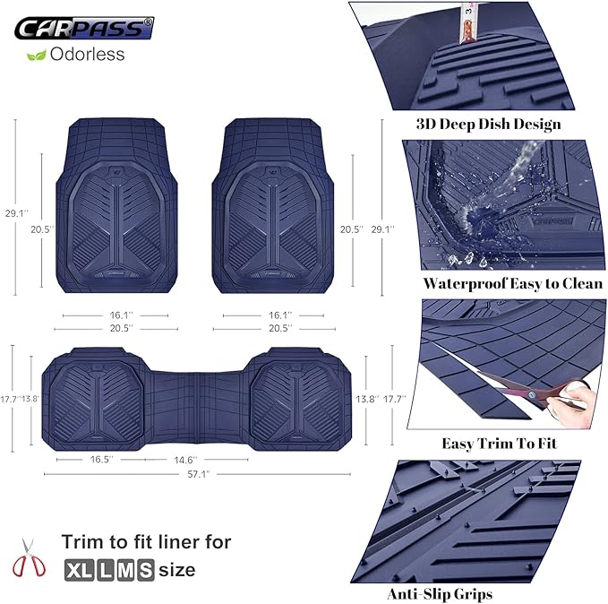 CAR PASS Heavy Duty Rubber Car Mats, Deepdish All Weather Floor Mats for Car Full Set, Universal Automotive Mats Trim to Fit for Sedans SUVs Trucks, Waterproof Anti-Slip, 3 Pieces V12 Navy Blue