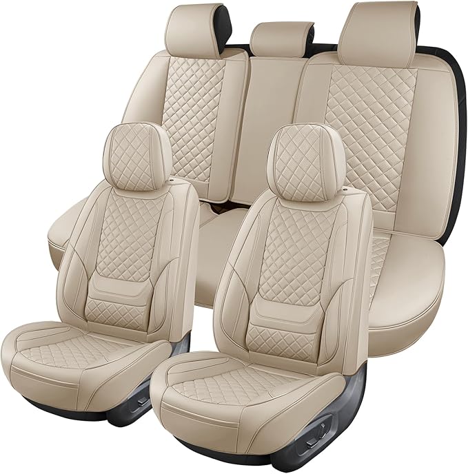 Leather Car Seat Covers Full Set Breathable Automotive Seat Covers Waterproof Seat Protectors Universal Fit for Most Automotive Cars SUV Trucks Van (Beige, Full Set)