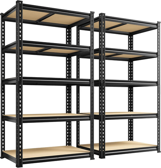 Set of 2 Storage Shelves, 27.7"W Metal Shelving 2010LBS Garage Shelving Heavy Duty Garage Shelves Adjustable Metal Shelf for Pantry Kitchen Closet Basement Warehouse 11.9"D × 27.7"W × 60"H