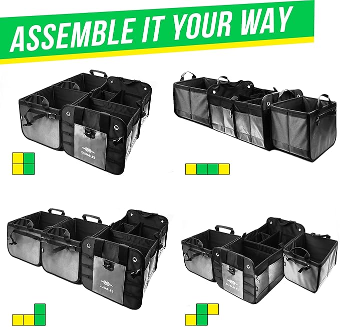 Extra Large Car Trunk Organizer for SUV - Trunk Storage - Modular Configurable Detachable Collapsible - Minivan Truck Sedan Van - 4 Compartment XXL, Gray