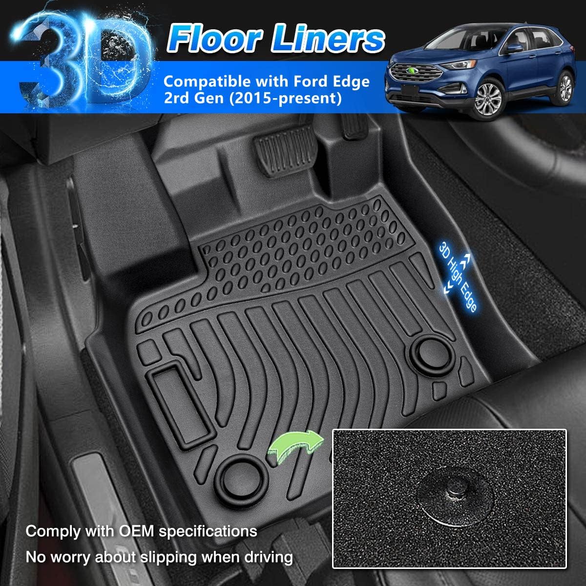 Cartist Custom Fit for Floor Mats Ford Edge 2015-2024 & Ford Edge ST 2019-2024 & Lincoln Nautilus 2019-2024 All Weather Floor Liner 1st & 2nd Row Carpet Protecttion 3D TPE Waterproof