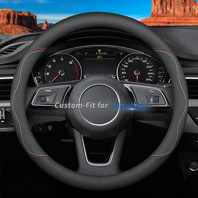Custom-Fit Leather Steering Wheel Cover for Mitsubishi, A-Style, Non-Slip, Breathable