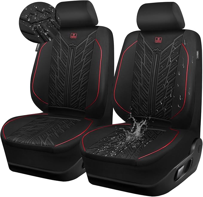 CAR PASS Waterproof Car Seat Covers Front Seats,Neoprene Seat Covers 3D Tyre Embossed,All-Weather Automotive Seat Cover Non-Slip Durable,Universal Fit for SUVs Cars Trucks, Airbag Compatible,Black Red