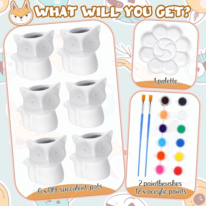 Pasimy 6 Set DIY Ceramic Succulent Planter Pots Paint Your Own Flower Pots Craft Kit Unpainted Bisque Paintable Flowerpot with Brush Palette Ready to Paint for Family Activity Gift(Fox)
