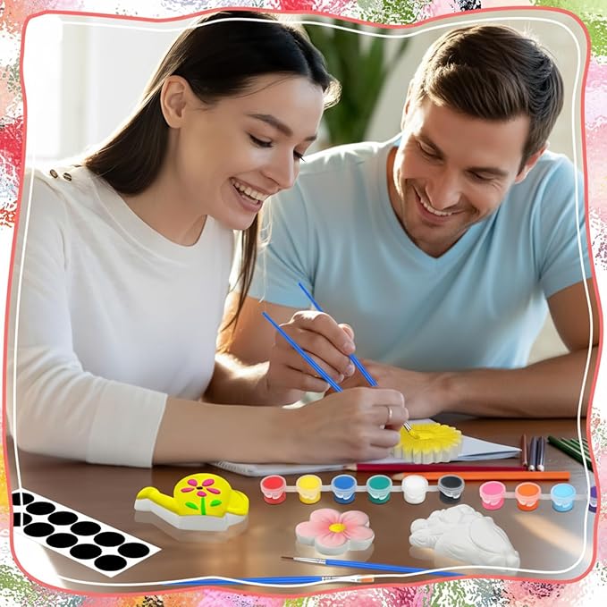 Simgoing 24 Sets Spring Theme Arts and Crafts Set Ceramic Painting Kit Unpainted Paintable Ceramics with 24 Magnet 2 Palette and 4 Brushes, Paint Your Own DIY Figurines