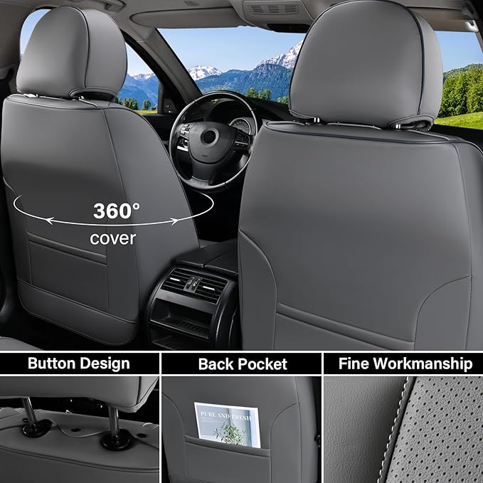 Coverado Car Seat Covers Full Set, Luxury Leather Car Seat Cover, Front and Back Seat Covers for Cars, Waterproof Car Seat Protector, Automotive Seat Covers Universal Fit Most Cars(Gray)