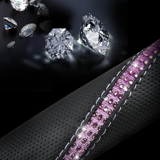CAR PASS Bling Diamond Black Leather Steering Wheel Cover, Studded Crystal Rhinestones Universal Fit 14" 1/2-15" Glitter for Women Sparkle Girl Fit Suvs,Vans,Sedans,Car,Trucks, Purple Diamond