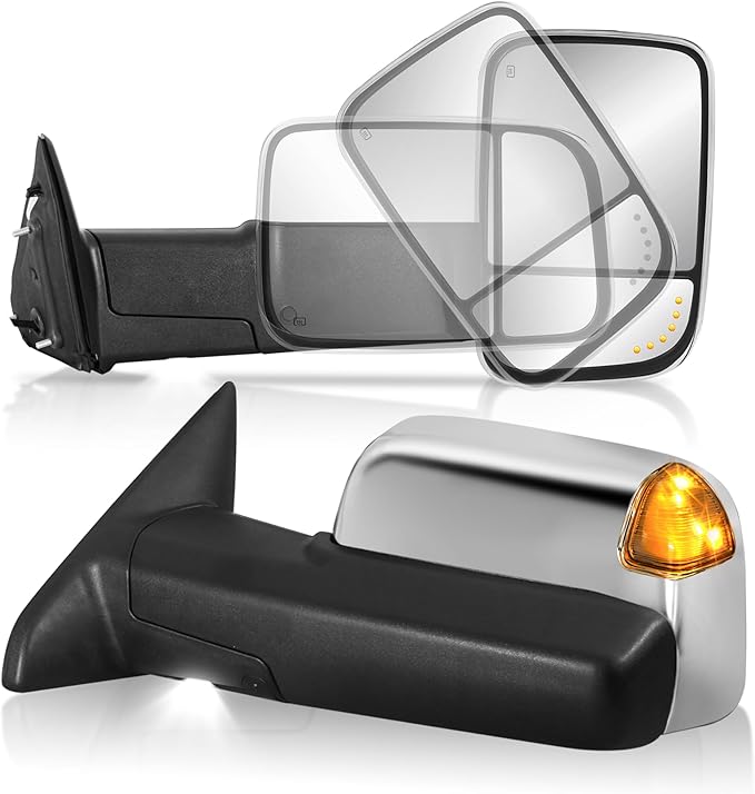 Pair Power Heated Towing Mirrors Compatible with 2009-2018 Dodge Ram 1500 2500 3500/2019-2024 Ram 1500 Classic w/Arrow Turn Signal Light,Temperature Sensor Side Mirrors (Chrome)