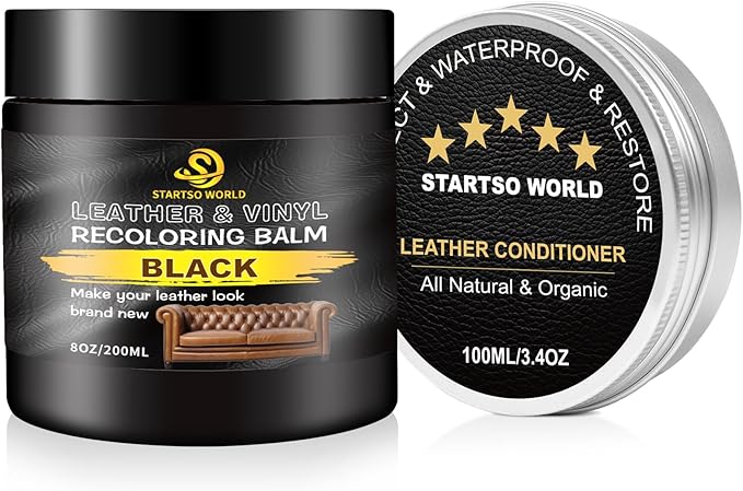 STARTSO WORLD 200Ml Leather Recoloring Balm with 100ML Leather Conditioner, Black Leather Repair Kit for Furniture, Leather Dye, Leather Scratch Repair, Leather Couch Paint