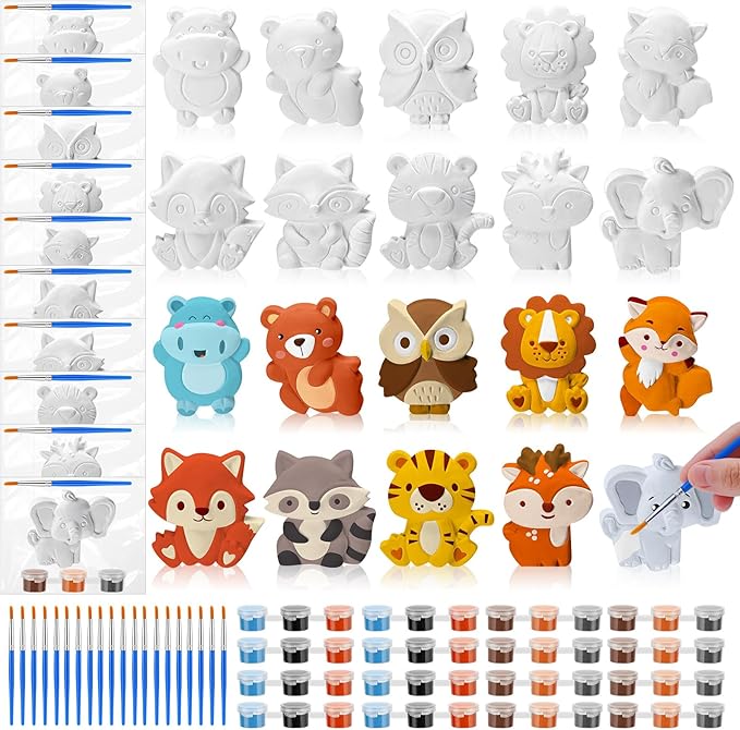 Simgoing 20 Set Dinosaur Unicorn Mermaid Donut Jungle Animal DIY Painting Kit Pumpkin Snowman Ceramic Paint Your Own Figurines Unpainted Plaster Craft for Party Favor(Jungle Animals)