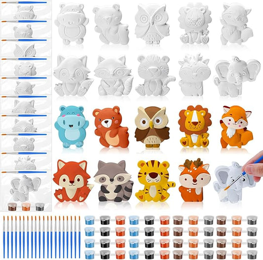 Simgoing 20 Set Dinosaur Unicorn Mermaid Donut Jungle Animal DIY Painting Kit Pumpkin Snowman Ceramic Paint Your Own Figurines Unpainted Plaster Craft for Party Favor(Jungle Animals)