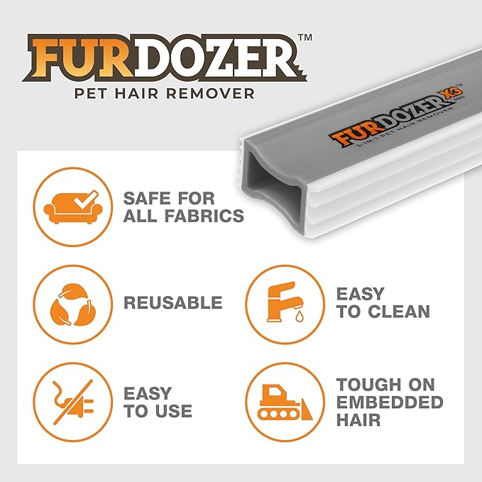FurDozer Pet Hair Remover & Auto Detailing Tools - Cat & Dog Hair Remover for Carpets, Car Interiors, Couches, Bedding, & Pet Furniture (Gray, X3 MEGA - 10" Long)